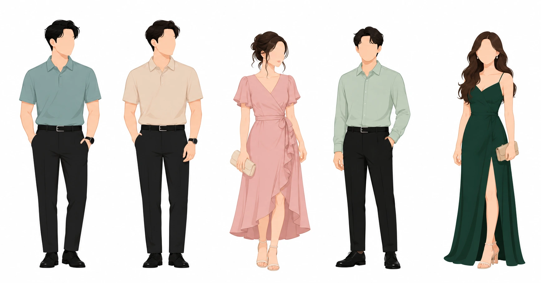 Five smart casual and semi-formal outfit ideas for wedding guests, showing sage, warm sand, dusty rose, and deep green clothing